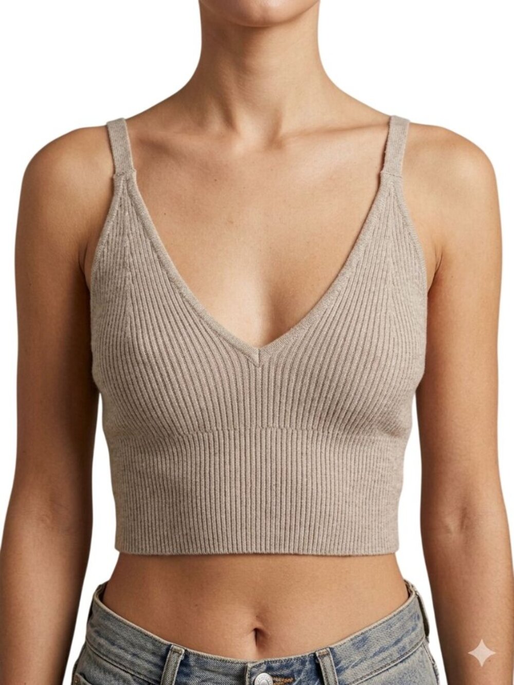 Gilly Hicks Cropped Tank Top XL Sleeveless V-Neck Ribbed Knit Beige Neutral Chic